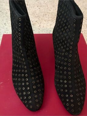 Vaneli Black Suede Ankle Boots with Gold Eyelets